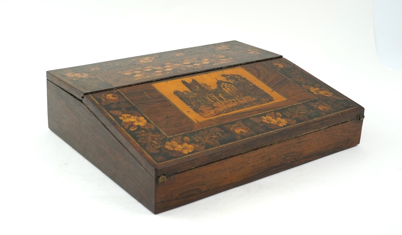A Tunbridge ware rosewood writing slope, mid 19th century